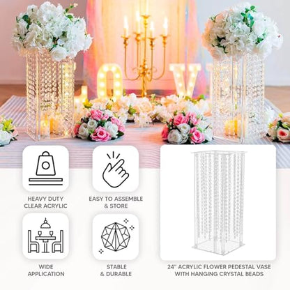 Efavormart 24" Heavy Duty Acrylic Flower Pedestal Vase with Hanging Crystal Beads, Clear Pillar Stand Wedding Table Centerpieces with Pre-Chained Garlands - 5mm Thick Plates - size: 24‘’