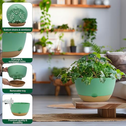 Koalaime 8/10/12 Inch Pots for Indoor Plants, Large Self Watering Planters with Drainage and Saucers, Plastic Outdoor Flower Pot, Set of 3, Green - color: Green
