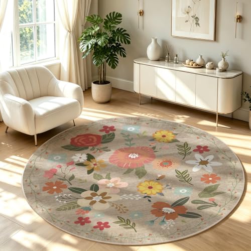 4ft fRound Rug or Living Room - Floral Non-Slip – 2X Grip All Hard Floors Soft Low Pile Stain Resistant Pet Friendly Low Pile Circle Carpet for Dining Room Entryway High Traffic（Camel,ft4） - color: Camel, size: 4' (Round)