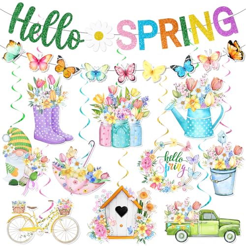 Spring Decorations Banner,Spring Party Decorations Includes Hello Spring Banner and Butterfly Spring Hanging Swirls, Spring Decorations for Office Home Classroom