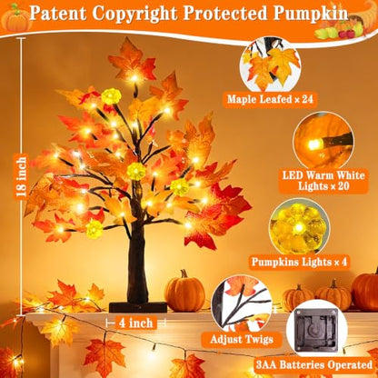 Prelit Fall Maple Tree with Pumpkin Lights Timer 24 Warm White LED 18 Inch - size: 1ft 6in
