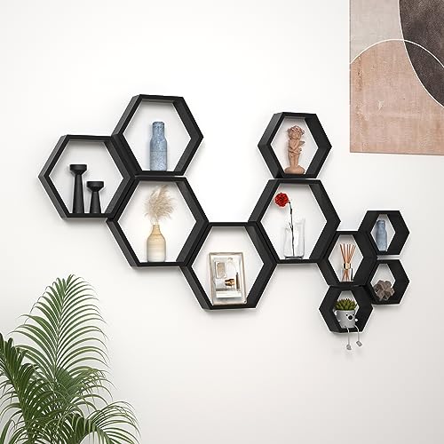 WONFUlity Hexagon Floating Shelves, Hexagonal Shelf Wall Mounted Storage - color: Black, size: 5PC