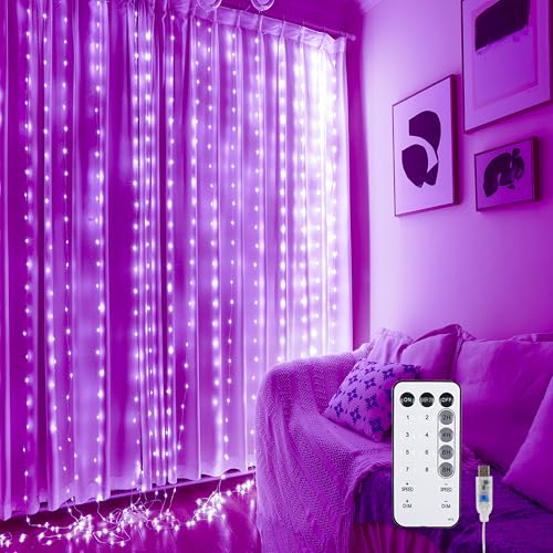 Purple Fairy Curtain Lights - 300 LED 9.8x9.8 Ft String Lights with Remote, 8 Modes USB Plug-in - Wedding Backdrop, Purple Wall, Bedroom Decor for Women, Girls, Lavender Decor - color: Purple