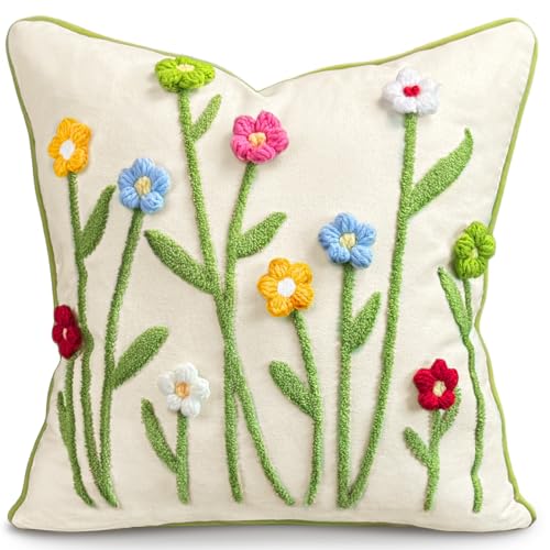 Throw Pillow Covers 18x18 - Tufted Decorative Pillow Cover with Zipper for Couch Sofa Bed Living Room Aesthetic Cute Soft Spring Summer Farmhouse Indoor Pillowcase, Colorful Floral - color: Colorful Floral, size: 18" x 18" (Pack of 1)