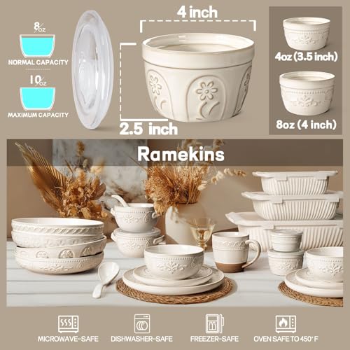 Artena Ramekins with Lids, Creme Brulee Ramekins Oven Safe, Ceramic Pudding Cups, Souffle Cups, Custard Cups, Dipping Sauce Cups, Food Storage Containers with Lids, Set of 4 (8 oz, Pinwheel Flower) - size: 4 inch (Pinwheel Flower, White)