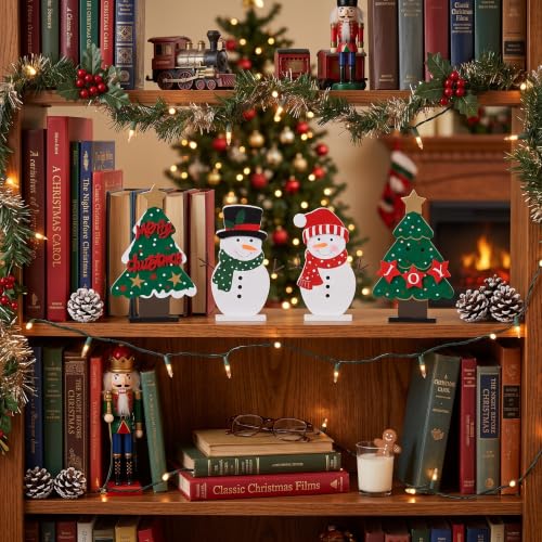 DECSPAS Christmas Decorations Indoor, 4 PCS Wood Christmas Trees & Snowmen for Centerpiece Table Decorations, Wooden Tiered Tray for Xmas Decor, Home, Winter, Tabletop, Mantel, Shelf, Gifts - style: Christmas - Christmas Trees, Snowmen