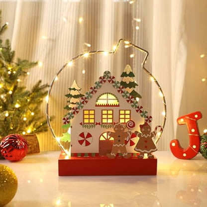 Christmas Tabletop Decoration, Wooden Lighted Gingerbread House Ornaments, Battery Operated Christmas Indoor Fireplace Home Table Decorations - style: Gingerbread House