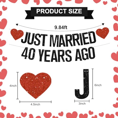 Black Glitter Just Married 40 Years Ago Banner,NO DIY,Pre-Strung 40th Wedding Anniversary Party Decorations 40 Years Blessed & Loved Garland Sign We Still Do 40th Party Supplies - color: 40black