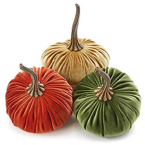 Your Heart's Content Set of 3 Velvet 6.25 Inch Pumpkins (Rust, Gold, Olive) - color: Rust, Gold, Olive