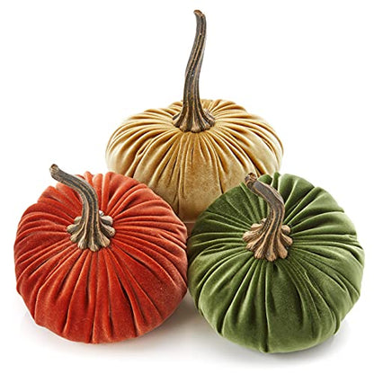 Your Heart's Content Set of 3 Velvet 6.25 Inch Pumpkins (Rust, Gold, Olive) - color: Rust, Gold, Olive