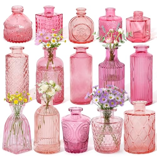Set of 15 Pink Glass Bud Vases Small Textured Flower Vases - color: Pink