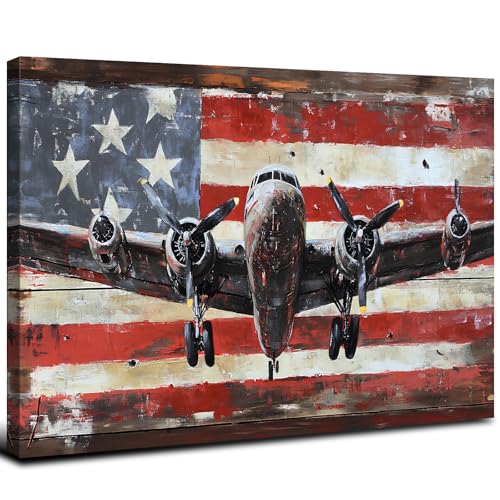 Vintage Airplane Wall Art USA Flag Aviation Pictures for Living Room Rustic Plane Posters Canvas Prints Bedroom Decor Modern Contemporary Aircraft Painting Artwork Mens Office Home Decorations 12x16" - color: Airplane, size: 16"L x 12"W