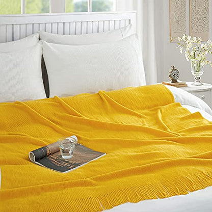 Homiest Mustard Yellow Knitted Throw Blanket with Fringe, 50x60 Inch - color: Mustard Yellow, size: 50" x 60"