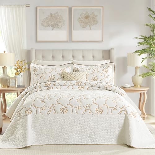100% Cotton Oversized Bedspread Quilt Coverlet Set, 120"x102" Extra Large Queen Bedspreads with Pillow Shams, Lightweight Embroidered Bedding Cover 3 Piece, Beige/White - color: Beige/White, size: Oversized Queen(120"x102")