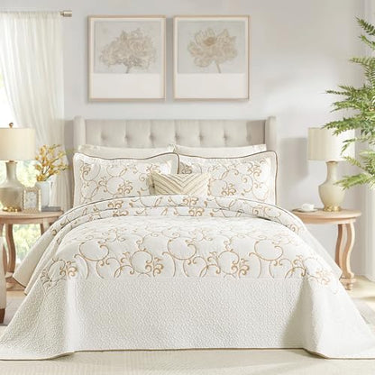 100% Cotton Oversized Bedspread Quilt Coverlet Set, 128"x120" Extra Large Cal King Bedspreads with Pillow Shams, Lightweight Embroidered Bedding Cover 3 Piece, Beige/White - color: Beige/White, size: Extra Wide Super King(128"x120")