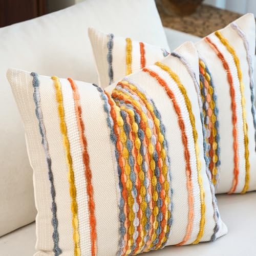 Aeckself Boho Pillow Covers 18x18 Inch Set of 2, Farmhouse Decorative Striped Square Chenille Tufted Accent Neutral Throw Pillow Covers for Living Room Couch Bed, Yellow Orange - color: Yellow Orange