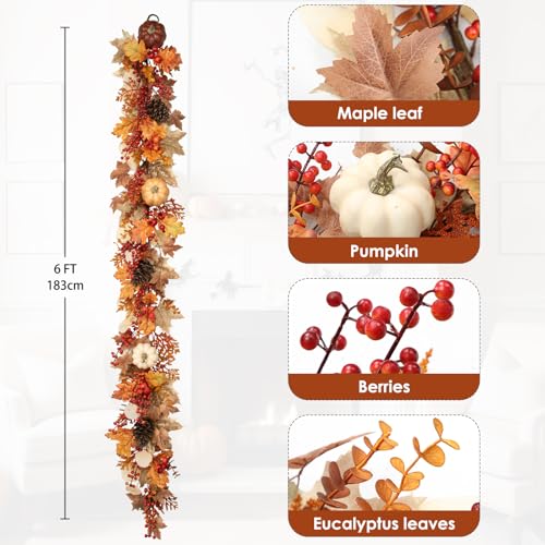 6FT Fall Garland for Mantle with Lights, Pumpkins, Pinecones, Berries - color: Brown