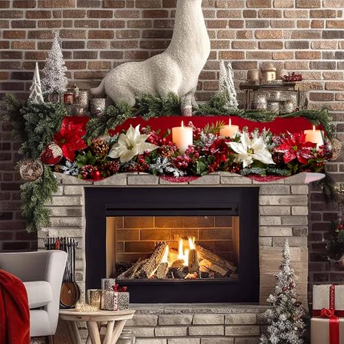 NYZE Christmas Mantel Scarf 60 x 17 Inch Fireplace Mantel Scarf Cover Decoration for Christmas Fireplace Scarf Shelf Top Runner Holiday Winter Home Decor - size: 60 x 17 in, style: Wreath