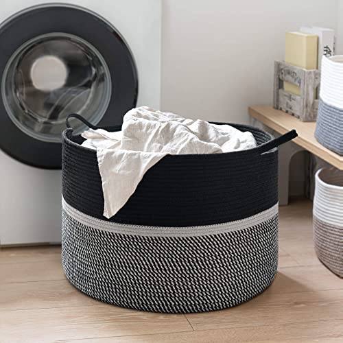 CHICVITA Extra Large Woven Rope Blanket Basket with Handles, Black - color: Black and Gray