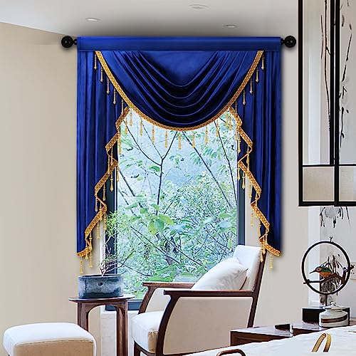 ELKCA Luxury Royal Blue Velvet Curtain Valances for Living Room with Beads(39inch,1 Panel) - color: Royal Blue, size: 39"W x 43"L (Pack of 1)