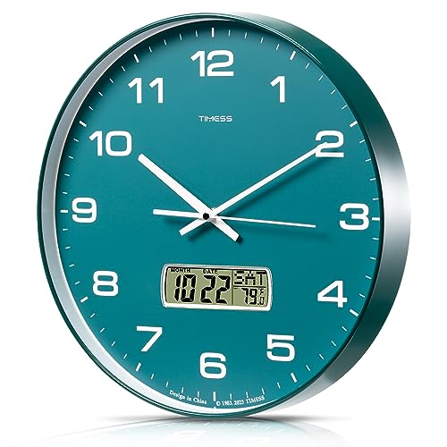 TIMESS Wall Clock, 14" Large Dial Non-Ticking Silent Battery Operated Analog with LCD Display for Perpetual Calendar and F° Temperature, Ideal Modern Home, Bedroom, Kitchen, Office Decor(Green) - color: Green, size: 14 Inch