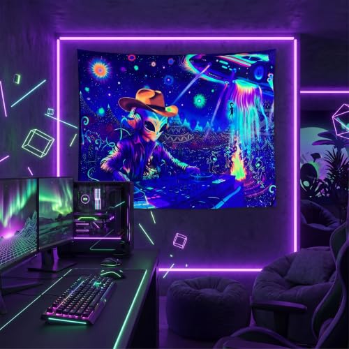 Blacklight Galaxy Alien Party Throw Blankets UV Reactive Night Sky Spaceship Throw Blanket Glow in the Dark Under Black Lights Game Room Decor Soft Throw Gifts 59x51 Inches - color: Alien Party