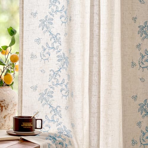 jinchan Floral Linen Curtains, Back Tab 50x63 Inch, 2 Panels Blue - color: Vine | Sky Blue, size: 50"W x 63"L (Pack of 2)