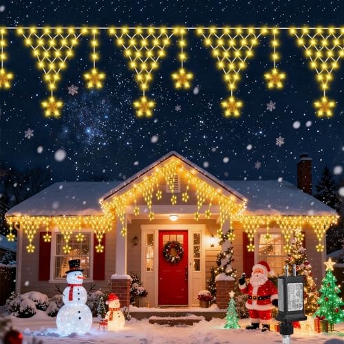 Outdoor Christmas Lights, 13.8FT 218 LED Curtain Lights, Hanging Fairy String Light, Plug-in LED String Light for Wedding, Party, Indoor, Christmas Decoration - Warm White - color: Warm White