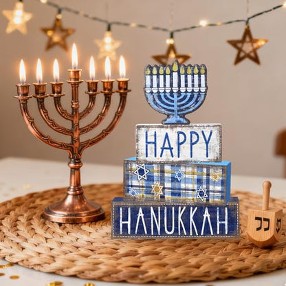 Hanukkah Table Decoration Happy Hanukkah Wooden Block Wooden Menorah Decor - style: Hanukkah