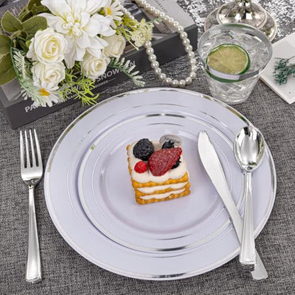 WELLIFE 350-Piece Silver Plastic Dinnerware Set - Disposable 10.25" Dinner Plates, 7.5" Dessert Plates, 9oz Silver Rim Cups & Cutlery for Weddings - 50 Guest Service - Elegant Disposable Silverware - color: Silver, style: 350PCS（50 Guests）