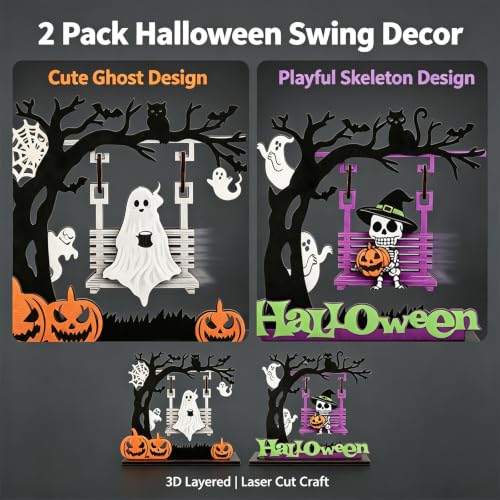 Halloween Decorations Indoor - Primitive Halloween Swing Ghost Skeleton, Wooden Ghost Swing Decor for Table Centerpieces, Mantels, Shelves, Tray, Vintage Spooky & Festive Party Decor - color: Swing Ghost Skeleton