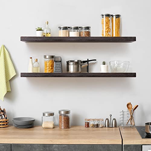 Axeman Floating Shelves for Wall Set of 2-36 Inch Wide x 8 Inch Deep Solid Pine Wood Shelves for Wall - Rustic Floating Wood Shelves for Living Room Bedroom Laundry Room Farmhouse, Dark Walnut - color: Dark Walnut