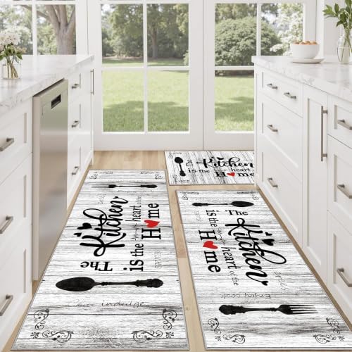 Non Slip Kitchen Mats for Floor Washable Kitchen Rugs Sets of 3, Grey - color: Heart-grey, size: 24"x32"+24"x48"+24"x59"