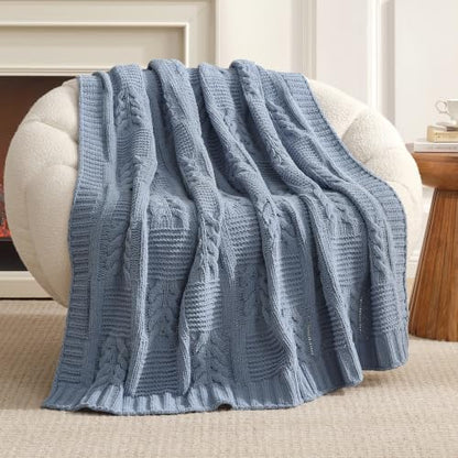 Amélie Home Chenille Knit Throw Blanket, Dusty Blue 60"x80" - color: Cable Dusty Blue, size: 60" X 80"