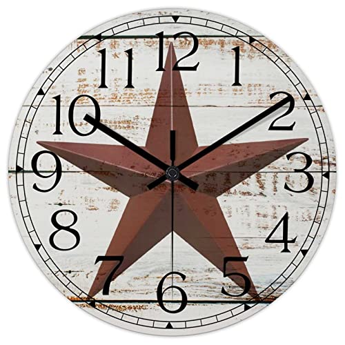 Round Farmhouse Wall Clock Western Texas Star Antique Style Wood Clock Quiet Non-Ticking Battery Operated Easy to Read Retro Wall Hanging Analog Clock for Living Room Kitchen Home 15 Inch - color: Style-3, size: 15in