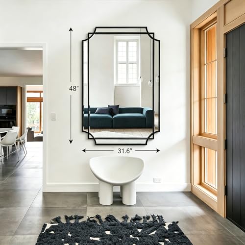 48"x31.6" Large Rectangle Beveled Mirror with Black Wood Frame - color: Black, size: 48"L x 31.6"W