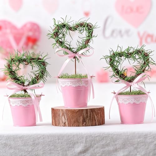 Suncalla 3 Pcs Valentines Day Artificial Heart Topiary Tree Plant with Pot 5.5'' to 7'' Heart Valentine Greenery Fake Plant Potted for Tabletop Centerpiece Tiered Tray Decor Gifts