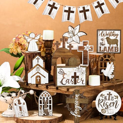 Amyhill 31 Pcs Religious Easter Tiered Tray Decor Christian Easter Decorations He is Risen Christian Wooden Signs Farmhouse Cross Lily Dove Table Decor for Home Kitchen Shelf Coffee Bar - style: Brown Easter