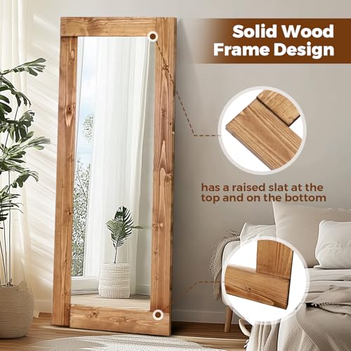 58x24in Full Length Mirror, Solid Wood Convex Frame, Light Brown - color: Light Brown-convex Frame, size: 58"L x 24"W
