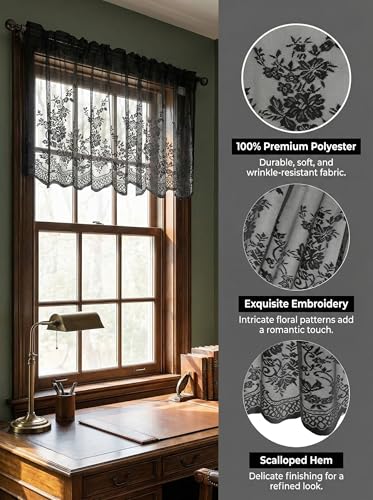 Molaxhome Kitchen Curtains Valance Black Lace Floral Semi Sheer Curtain - color: Black, size: 54"W x 35"L (Pack of 1)