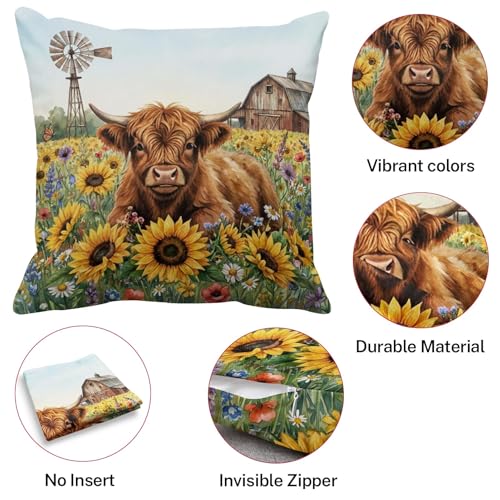 Throw Pillow Covers, Rustic Floral, Set of 4, 18"x18" - color: Highland Cow 3
