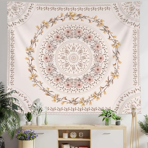 Lifeel Bohemian Tapestry Wall Hanging, Mandala Floral Medallion Hippie Tapestry with Aesthetic Wreath Design, Wall Decor Blanket for Bedroom Home Dorm 36×48 inch - color: White Pink, size: 48"L x 36"W