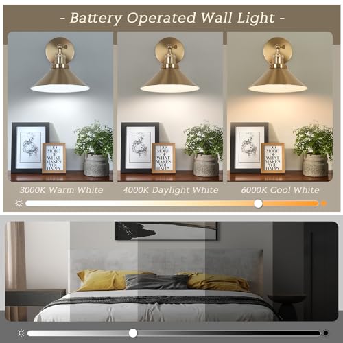 KELUOLY Battery Operated Wall Sconce Set of Two, Brushed Brass Battery Powered Wall Lighting Indoor, Cordless Metal Indoor Wall Lamp, Dimmable with Remote, Suitable for Living Room Bedroom Hallway - color: Gold