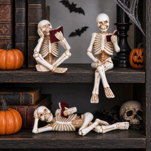 3 Piece Halloween Indoor Decor Figurines Sitting Skeleton Statue Halloween Decorations mini Reading Skull Figurine Home Decor for Living Room Table Shelf Ornament