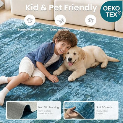 Merelax 6x9 Blue Washable Area Rug Non-Slip Faux Wool Abstract Rug - color: Blue, size: 6' x 9'(72''x108'')