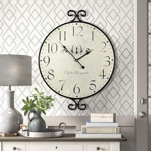 24 Inch Large Farmhouse Wall Clock, Wrought Iron Frame with Warm Gray Finish, Silent Battery Operated Wall Clock for Living Room Kitchen Bedroom - color: Vintage Wall Clock-24'', size: 24 Inch