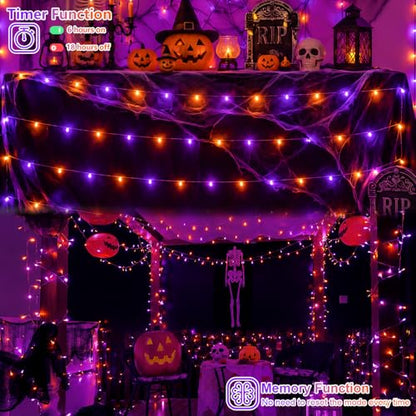QITONG 2 Pack Battery Operated Halloween Lights, Each 33ft 100 LED - color: Orange and Purple, size: 2Pack
