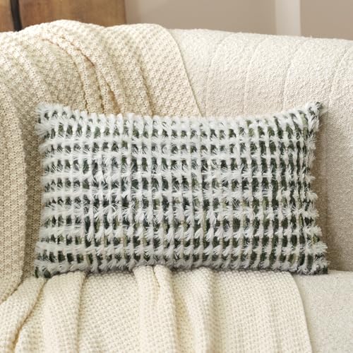 Aeckself Boho Chenille Tufted Pillow Cover 12 x 20 Inch, Rectangle Decorative Lumbar Throw Pillow Cover Neutral Pillowcase for Couch Bedroom Living Room, Green White - color: Green White, size: 20" x 12" (Pack of 1)