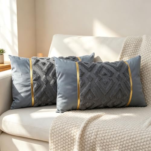 Luxury Patchwork Tufted Lumber Pillow Cover 12x20 Inch Set of 2 - color: Blue Gery, size: 20" x 12" (Pack of 2)