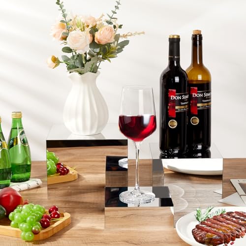 3-Pack Silver Acrylic Display Risers, Mirrored Nesting Stands - size: Silver 3pcs (6",7",8")